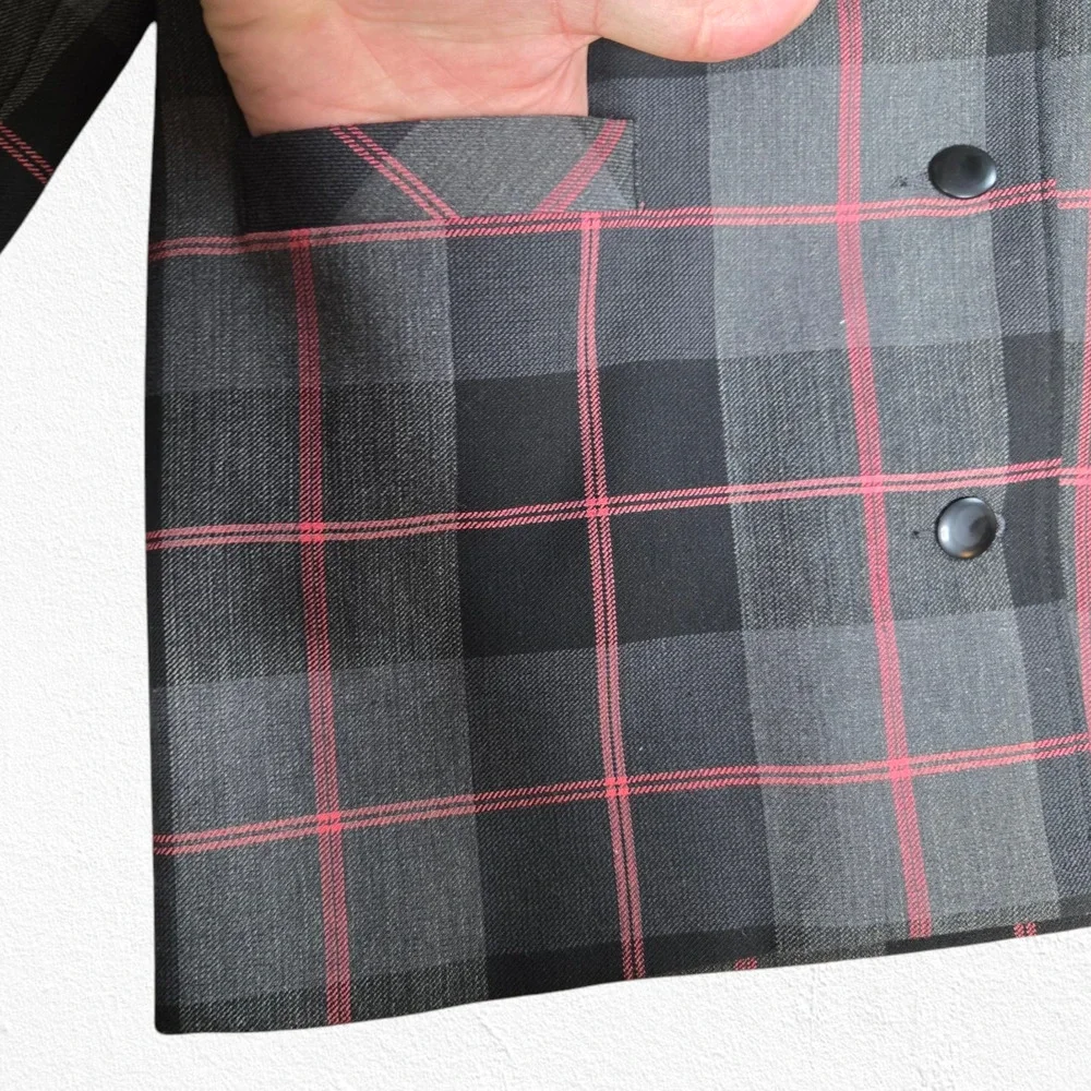 Vintage 90s Charcoal Gray Pink Plaid Boxy Blazer Petite Jacket Size 12P